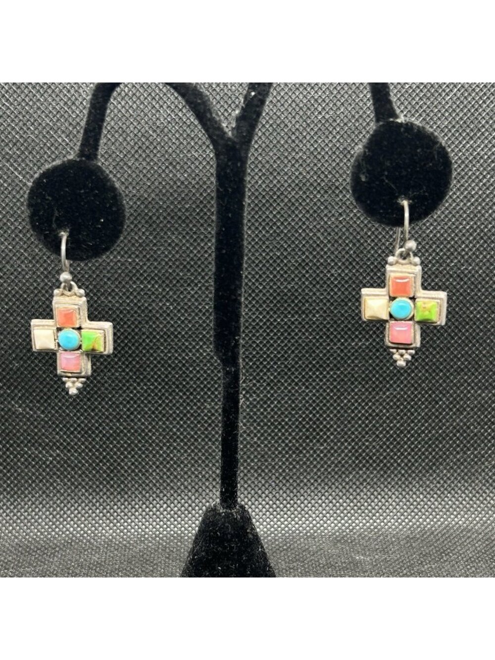 Vintage Sterling Silver Multi Color Stones Cross Dangle Earrings Signed 925